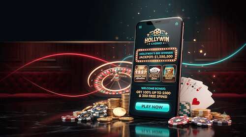 Die Startseite des Hollywin Casinos mit Fokus auf aktuelle Bonusangebote und Spielauswahl